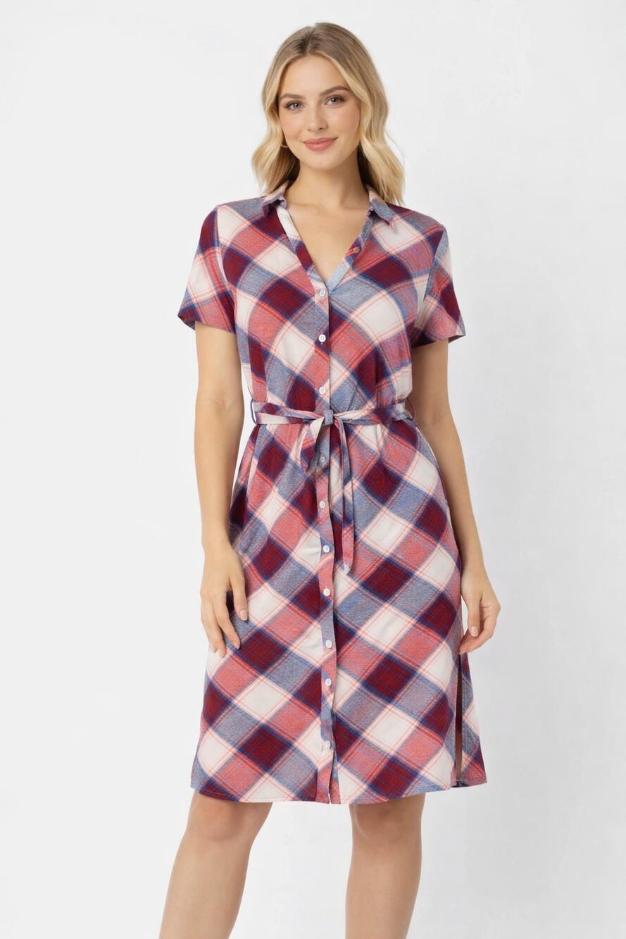 Rock & Republic Plaid T Shirt Midi Dress Womens Small Red Blue Short Sleeve